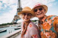 Happy seniors traveling in France, Generative AI